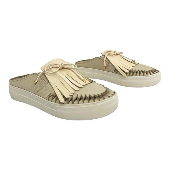 J/Slides Womens Size 9 Fringe Sneakers Beige Leather Slip-On Kiltie Comfort Shoe - Picture 1 of 7
